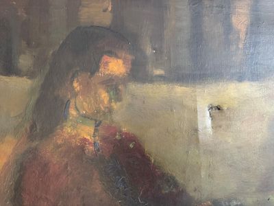 an oil painting of a woman sitting in a chair reading a book