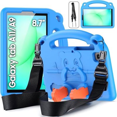 a blue case with a handle and a cell phone in it