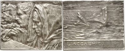 two images of a silver medal depicting a man and a boat