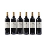 six bouteilles de vin rouge alignées sur une surface blanche