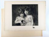 a black and white photo of two girls holding a cat