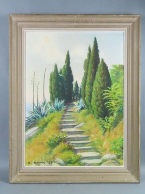 an oil painting of a path with trees and bushes in the background