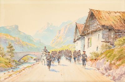 un tableau représentant un groupe d'hommes marchant sur une route