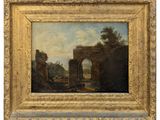 an oil painting of a landscape with ruins and a bridge