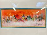 painting of a house in a frame with a red sky in the background