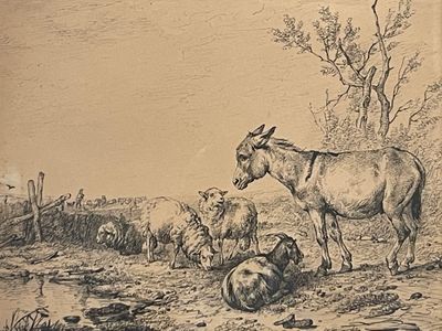 a drawing of a donkey and sheep in a field