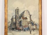 an image of a painting of a building with a clock tower in the middle of it