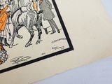 a drawing of a man riding a horse with a group of people around him