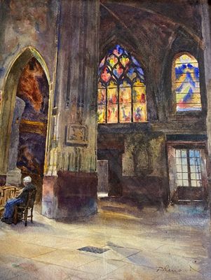 a painting of a man sitting in a church