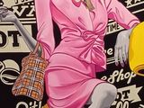 a painting of a woman in a pink dress sitting on a yellow chair