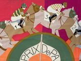 a picture of a banner with horses and jockeys on it