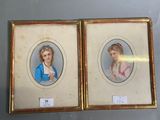 two framed pictures of a woman and a child in a gold frame