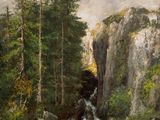 an image of a painting of a waterfall in a forest