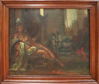 une peinture à l'huile représentant une femme assise sur une chaise dans une pièce