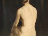 une peinture à l'huile représentant une femme nue assise sur un tabouret
