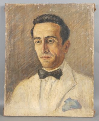 an old painting of a man in a white suit and bow tie