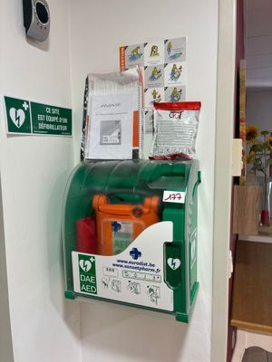 une boîte aux lettres verte et blanche fixée au mur à côté des toilettes