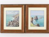 two framed paintings of rocks on the ocean with a boat in the distance