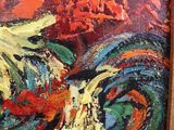 a painting of a rooster that is in a wooden frame
