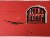une peinture représentant un bâtiment rouge avec un bateau en arrière-plan
