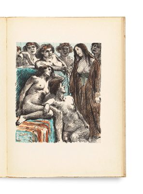 a drawing of a group of people standing around a dog