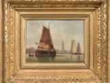 une peinture à l'huile représentant un voilier sur l'eau, avec d'autres bateaux en arrière-plan