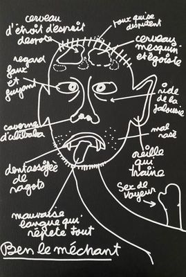dessin en noir et blanc représentant le visage d'un homme sur lequel sont inscrits des mots
