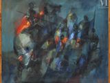 peinture d'un groupe d'hommes à cheval dans un champ