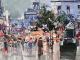 a painting of people walking down the street in the rain