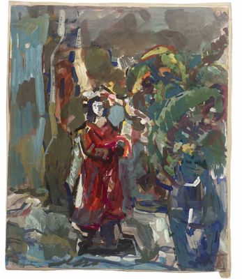 une image représentant un tableau où l'on voit une femme en robe rouge et un homme en costume bleu