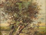 a painting of a tree in a field with a river in the background