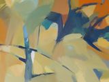 an abstract painting of a tree in a field with oranges and yellows