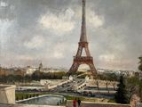 painting of a view of the eiffel tower from the top of a building