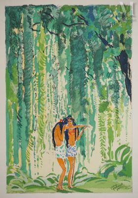 une image représentant un tableau où l'on voit une femme debout dans une forêt
