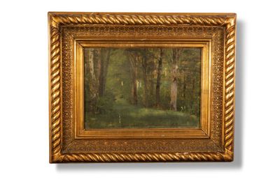 un tableau représentant une scène forestière avec des arbres et de l'herbe, dans un cadre doré