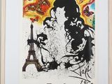 an image of a painting of a man and a dog in front of the eiffel tower