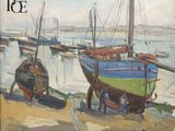 un tableau représentant des bateaux amarrés au bord de l'eau