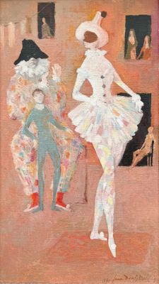 an oil painting of a woman in a white dress and a man in a black hat