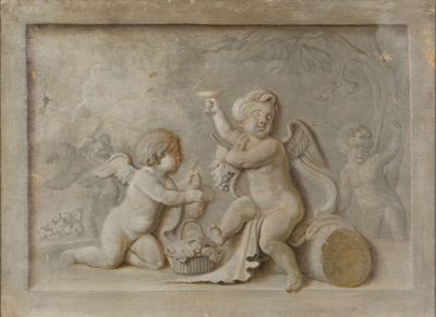 Trumeau en grisaille à décor d'angelots bacchiques.