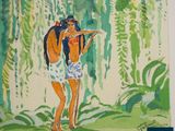 a painting of a man and a woman standing in the woods