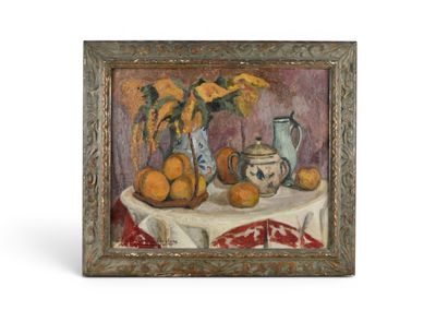 un tableau représentant des oranges et un pichet posés sur une table