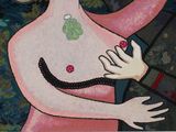a painting of a nude woman holding a suitcase