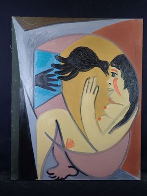 a painting of a woman with a bird on her shoulder