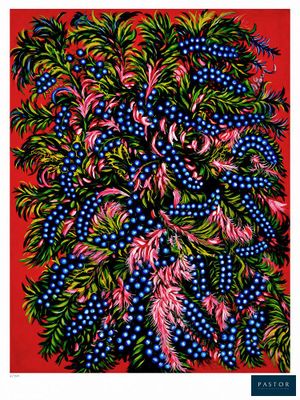 a painting of berries and leaves on a red background