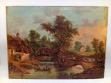 un vieux tableau représentant une scène de village avec une rivière et un pont