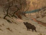 painting of two boars in a snowy landscape with a stream in the background