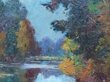 an oil painting of a river in a wooded area with trees