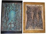 deux tableaux représentant un homme et une femme sur fond blanc
