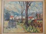une peinture à l'huile représentant un homme assis sur un banc devant une ferme