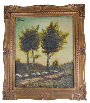 an oil painting of three trees in a field with a dirt road
